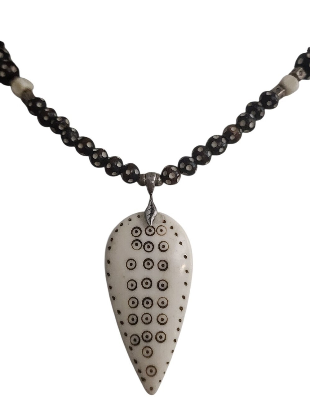 Ivory Bone Teardrop Pendant Necklace Black Dot Pattern Beads Unisex